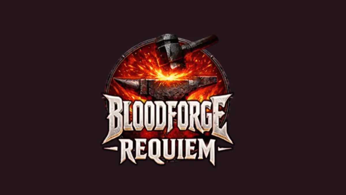 Tampilan visual slot Bloodforge Requiem dengan tema bengkel pandai besi yang membara