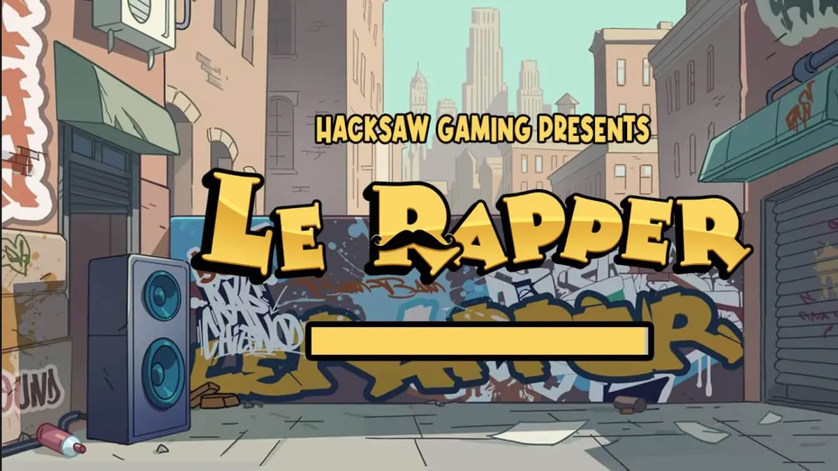 Le Rapper slot game interface featuring Smokey the raccoon in a hip-hop studio setting.