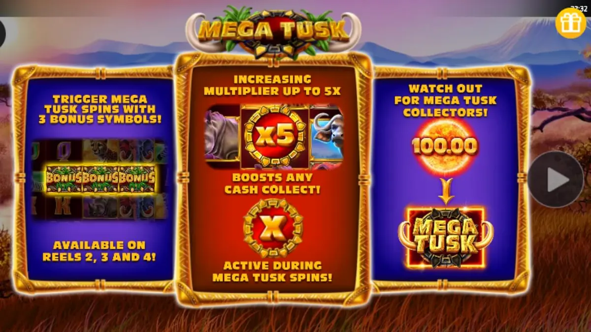 Pemandangan savana Afrika yang indah dalam slot Mega Tusk