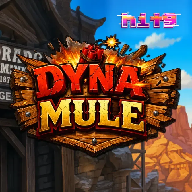 Tangkapan layar permainan slot Dyna Mule dengan gulungan 6x4 yang menampilkan simbol penambangan, dinamit, dan keledai.